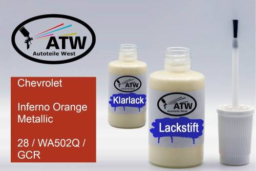 Chevrolet, Inferno Orange Metallic, 28 / WA502Q / GCR: 20ml Lackstift + 20ml Klarlack - Set, von ATW Autoteile West.